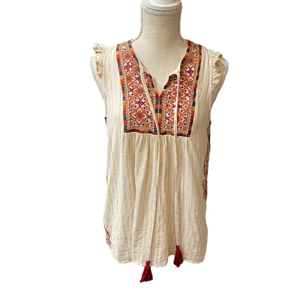 Savanna Jane Cotton Linen Embroidered Boho Colorful Blouse Sleeveless Size S